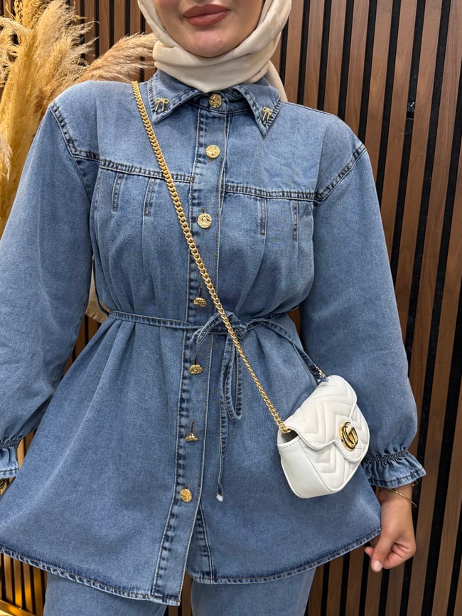 Evin Kadın Denim Kot Takım Kuşaklı Gömlek Pantolon Gold Düğme Detaylı | Mavi