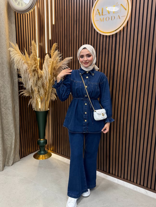 Evin Kadın Denim Kot Takım Kuşaklı Gömlek Pantolon Gold Düğme Detaylı | Lacivert