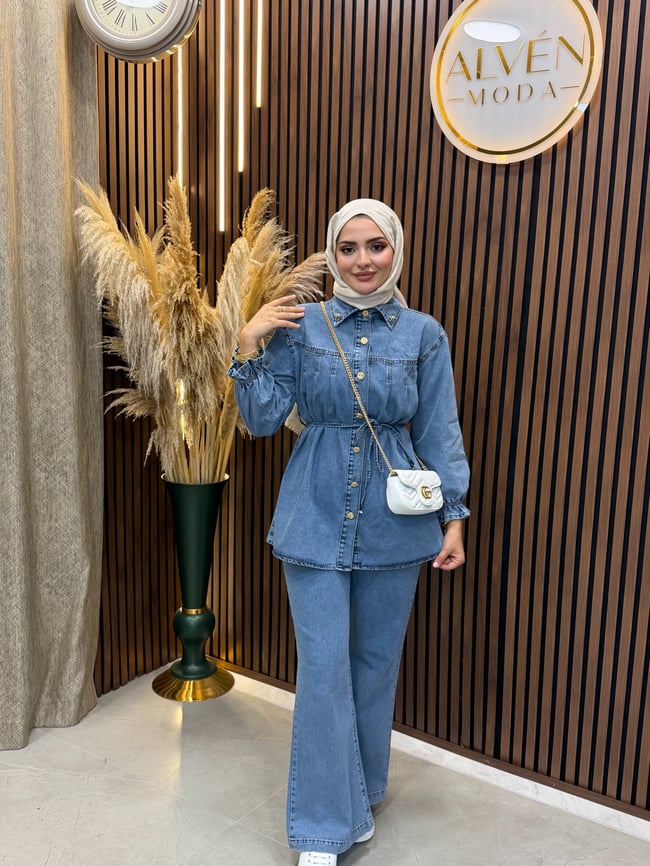 Evin Kadın Denim Kot Takım Kuşaklı Gömlek Pantolon Gold Düğme Detaylı | Mavi
