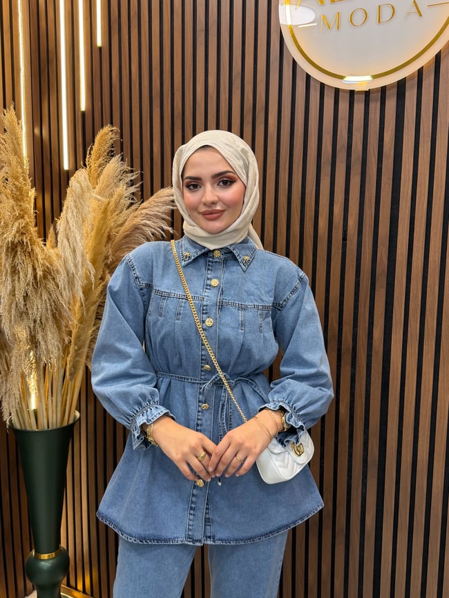Evin Kadın Denim Kot Takım Kuşaklı Gömlek Pantolon Gold Düğme Detaylı | Mavi