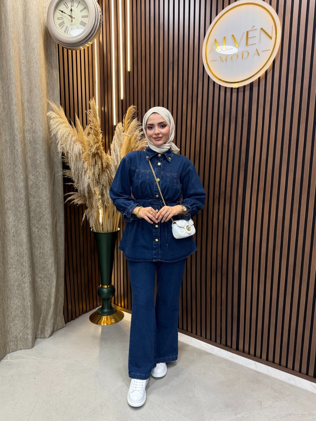 Evin Kadın Denim Kot Takım Kuşaklı Gömlek Pantolon Gold Düğme Detaylı | Lacivert