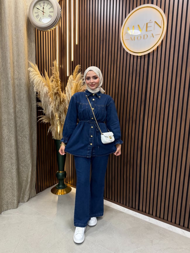 Evin Kadın Denim Kot Takım Kuşaklı Gömlek Pantolon Gold Düğme Detaylı | Lacivert
