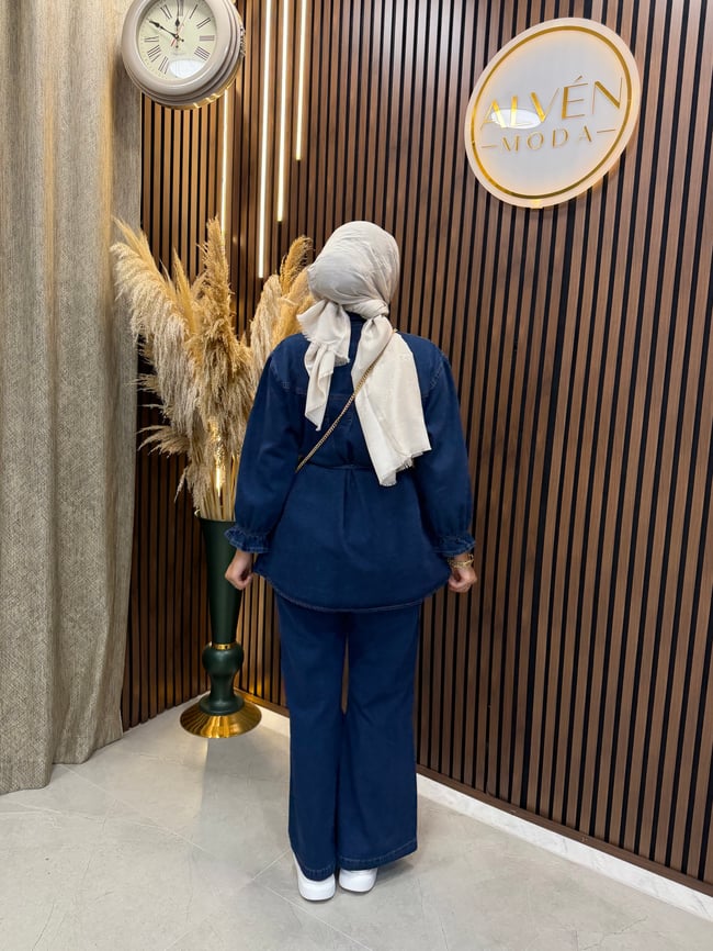 Evin Kadın Denim Kot Takım Kuşaklı Gömlek Pantolon Gold Düğme Detaylı | Lacivert