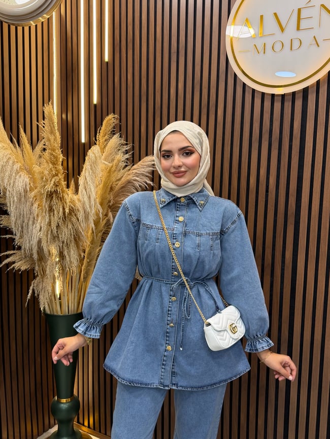 Evin Kadın Denim Kot Takım Kuşaklı Gömlek Pantolon Gold Düğme Detaylı | Mavi