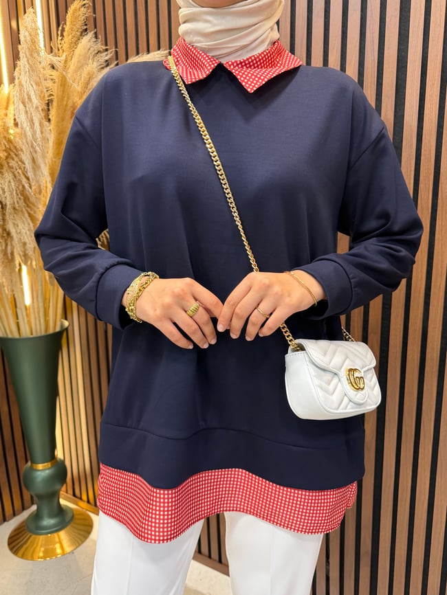Leni Oysho Kumaş Ekose Detaylı Sweatshirt | Lacivert