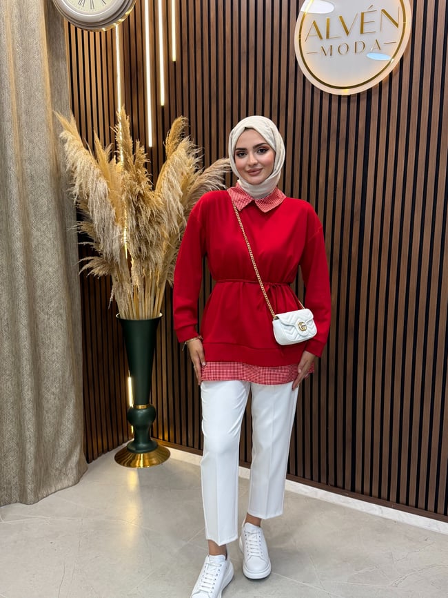 Leni Oysho Kumaş Ekose Detaylı Sweatshirt | Kırmızı