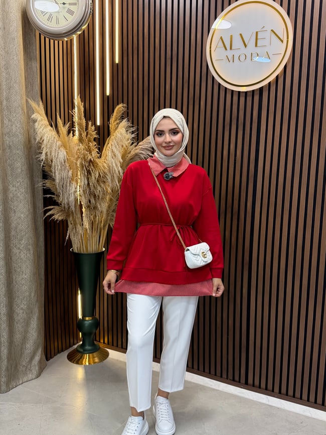 Leni Oysho Kumaş Ekose Detaylı Sweatshirt | Kırmızı