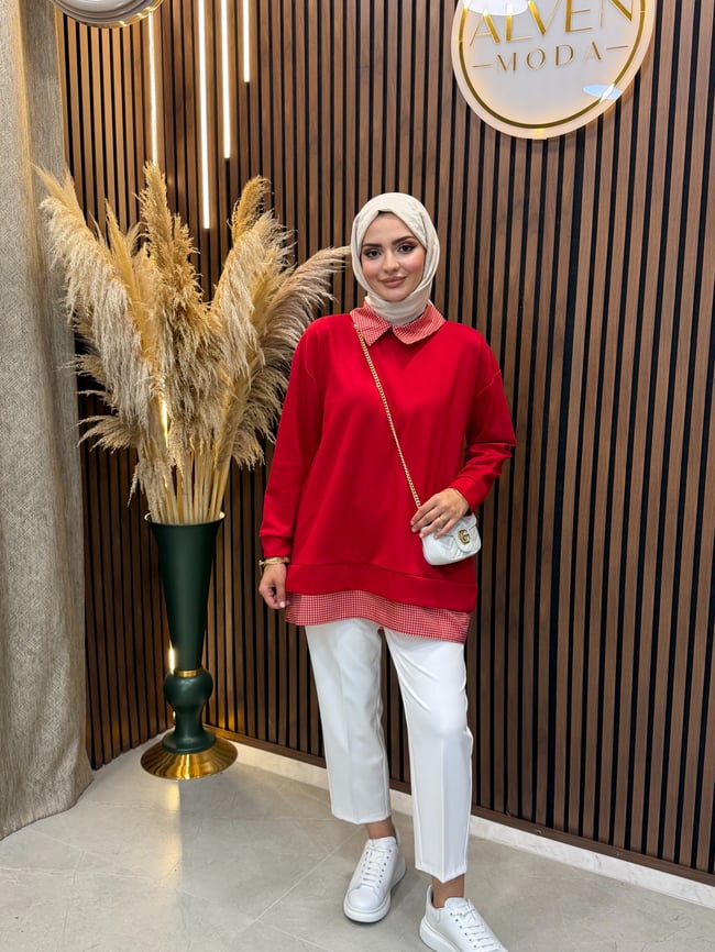 Leni Oysho Kumaş Ekose Detaylı Sweatshirt | Kırmızı