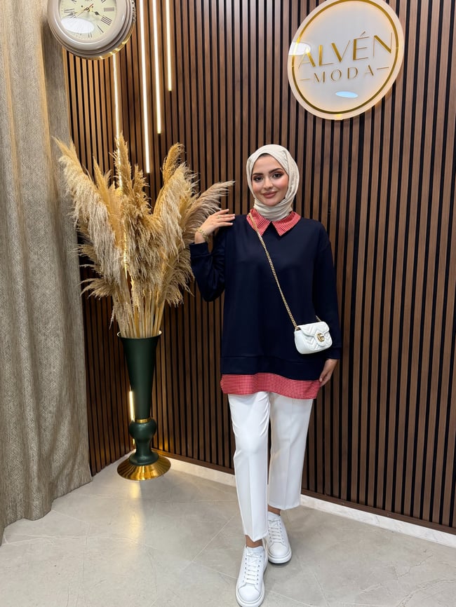 Leni Oysho Kumaş Ekose Detaylı Sweatshirt | Lacivert