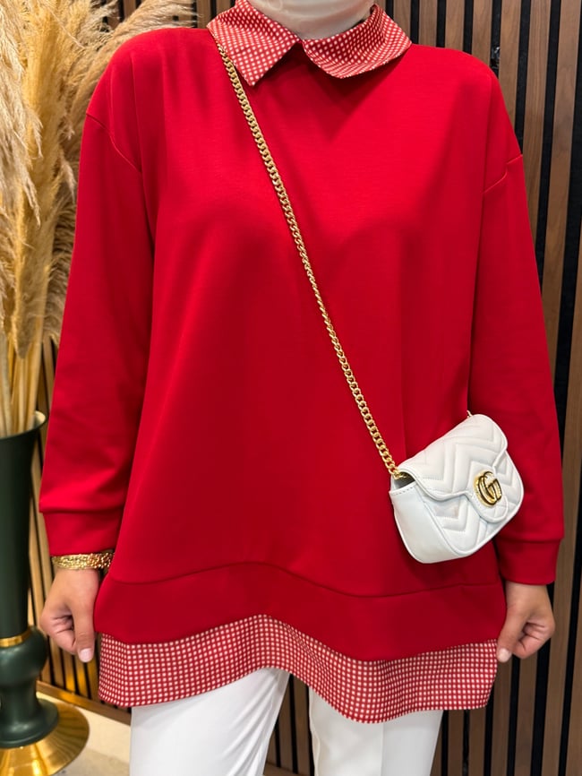 Leni Oysho Kumaş Ekose Detaylı Sweatshirt | Kırmızı