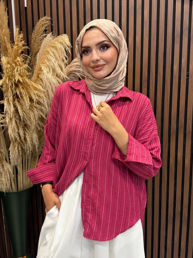 Liora Çizgili Dokulu Salaş Gömlek | Fuşya