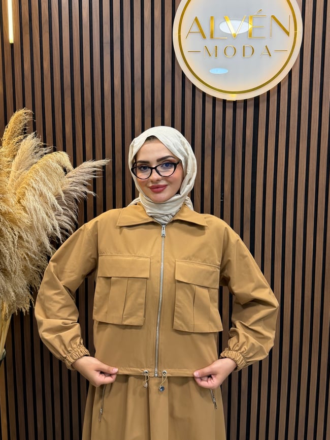LURE Çift Cep Kapaklı Fermuarlı Etekli Takım | Camel