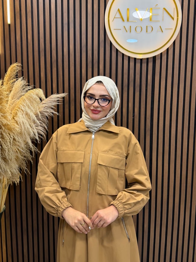 LURE Çift Cep Kapaklı Fermuarlı Etekli Takım | Camel