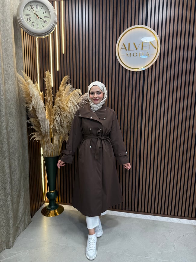 Melia Premium Su Geçirmez Kuşaklı Oversize Trençkot | Kahverengi
