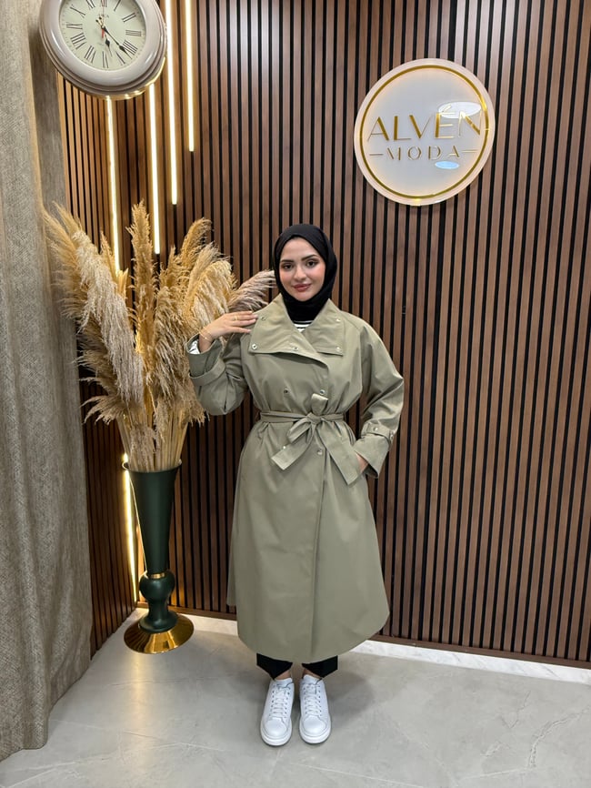 Melia Premium Su Geçirmez Kuşaklı Oversize Trençkot | Haki