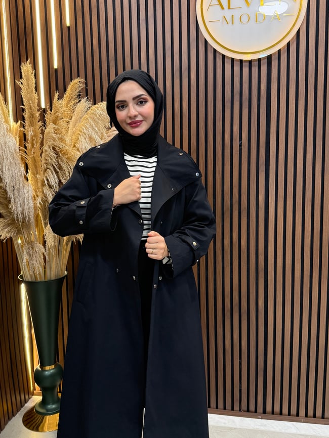 Melia Premium Su Geçirmez Kuşaklı Oversize Trençkot | Siyah