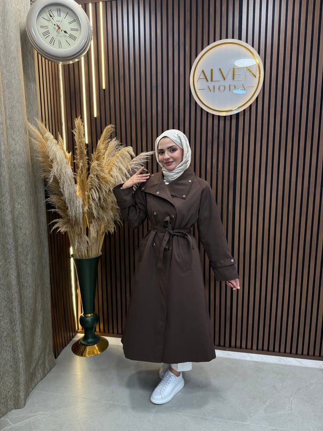 Melia Premium Su Geçirmez Kuşaklı Oversize Trençkot | Kahverengi