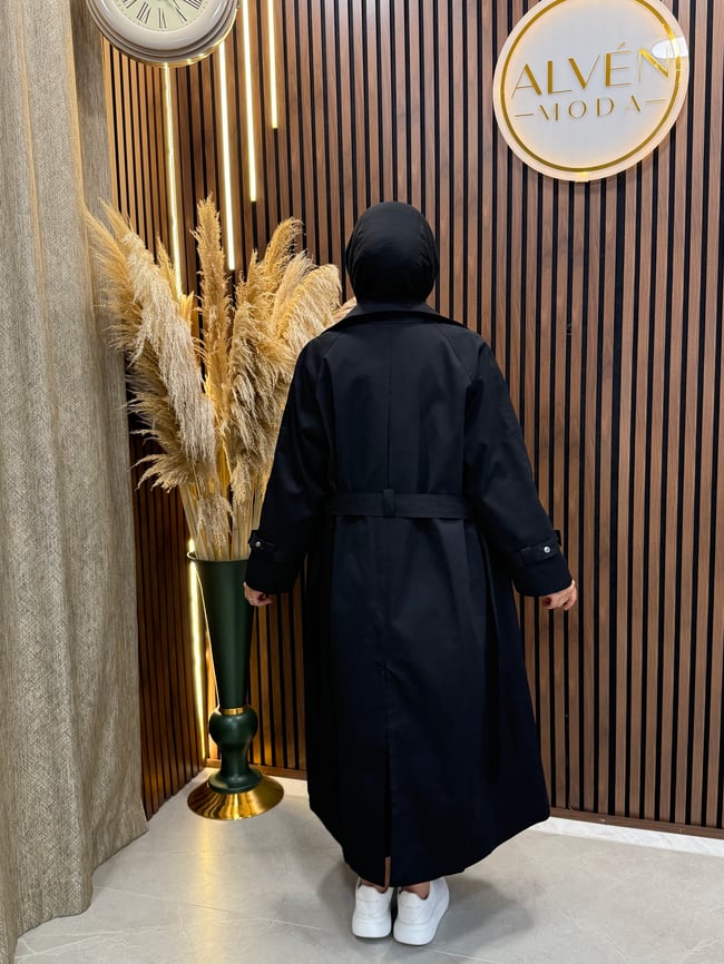 Melia Premium Su Geçirmez Kuşaklı Oversize Trençkot | Siyah