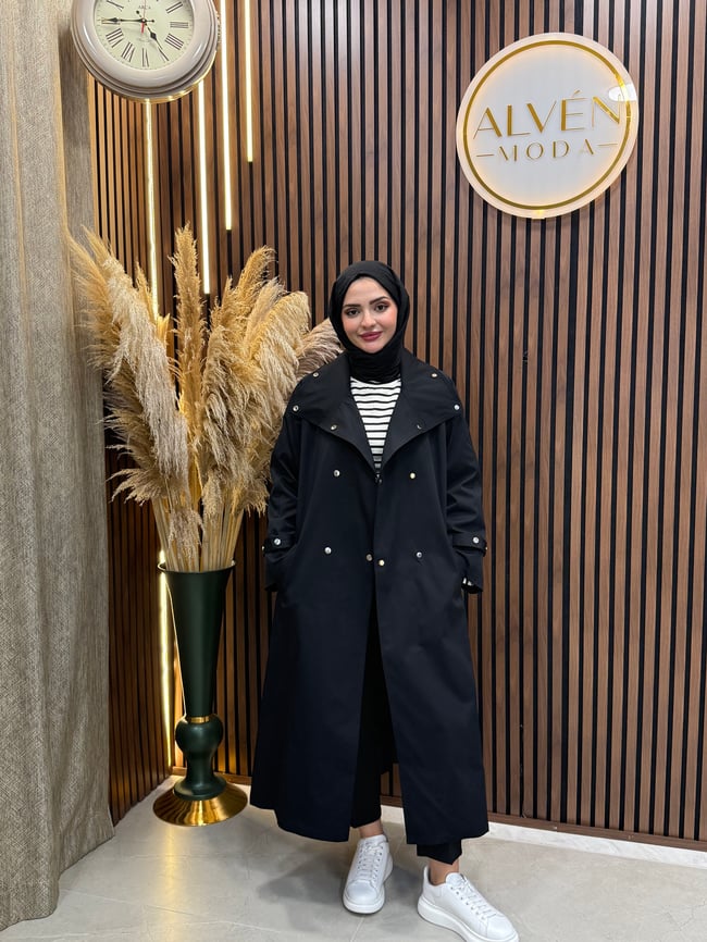 Melia Premium Su Geçirmez Kuşaklı Oversize Trençkot | Siyah