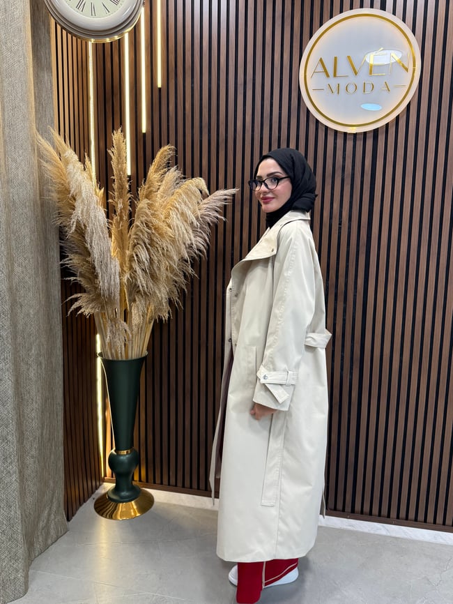 Melia Premium Su Geçirmez Kuşaklı Oversize Trençkot | Bej