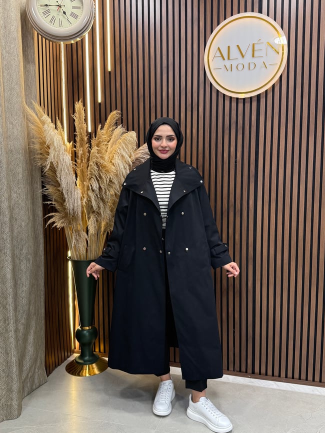 Melia Premium Su Geçirmez Kuşaklı Oversize Trençkot | Siyah