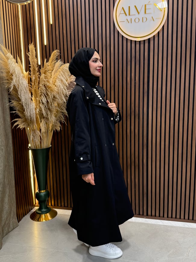 Melia Premium Su Geçirmez Kuşaklı Oversize Trençkot | Siyah