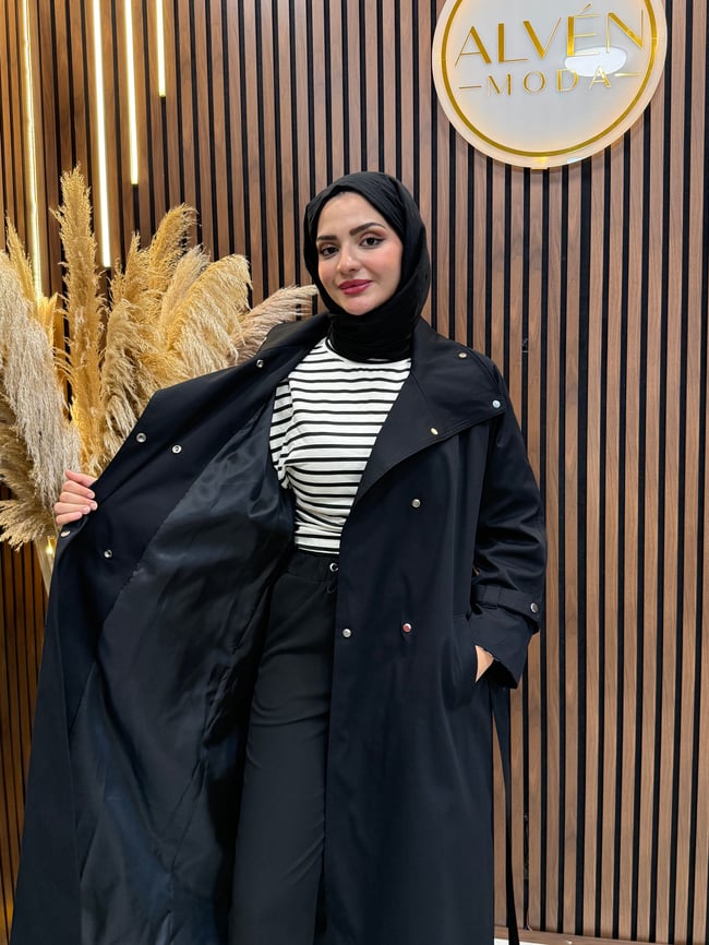 Melia Premium Su Geçirmez Kuşaklı Oversize Trençkot | Siyah