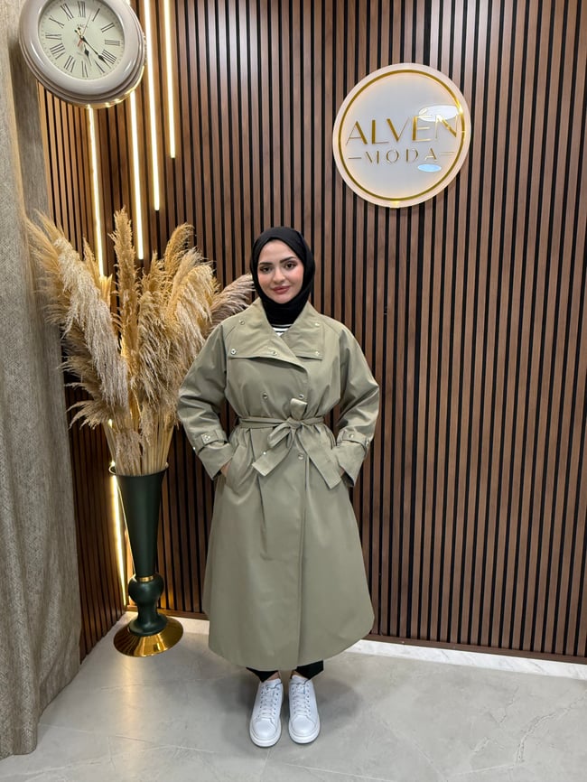 Melia Premium Su Geçirmez Kuşaklı Oversize Trençkot | Haki