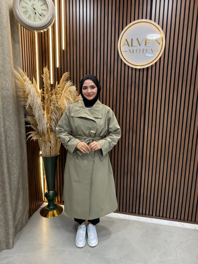 Melia Premium Su Geçirmez Kuşaklı Oversize Trençkot | Haki