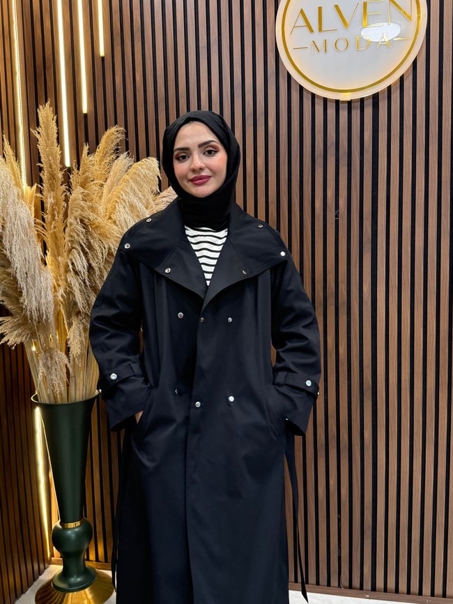 Melia Premium Su Geçirmez Kuşaklı Oversize Trençkot | Siyah