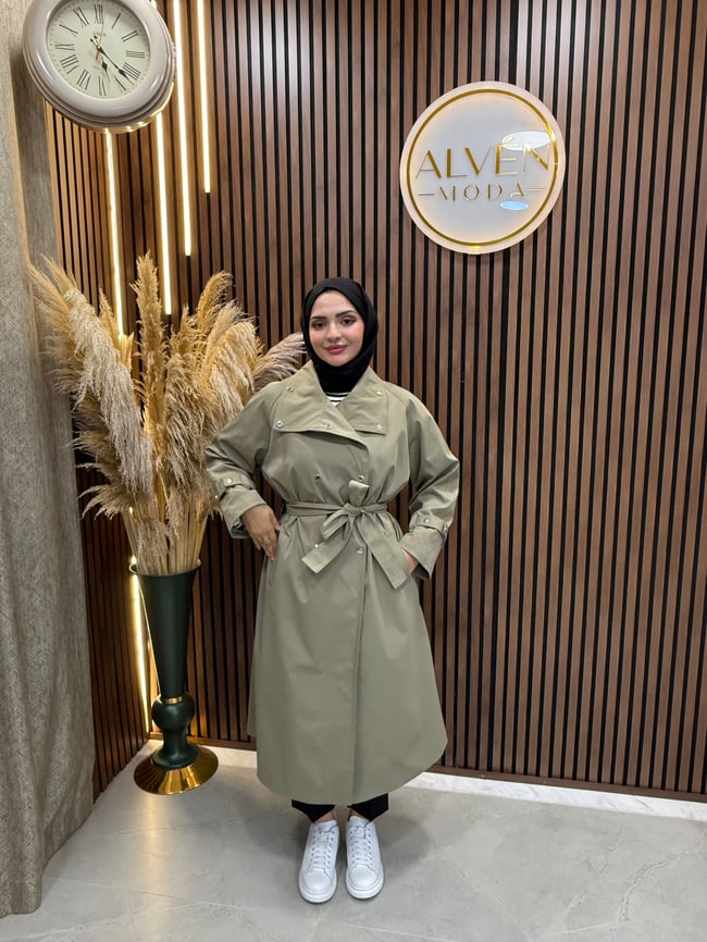 Melia Premium Su Geçirmez Kuşaklı Oversize Trençkot | Haki