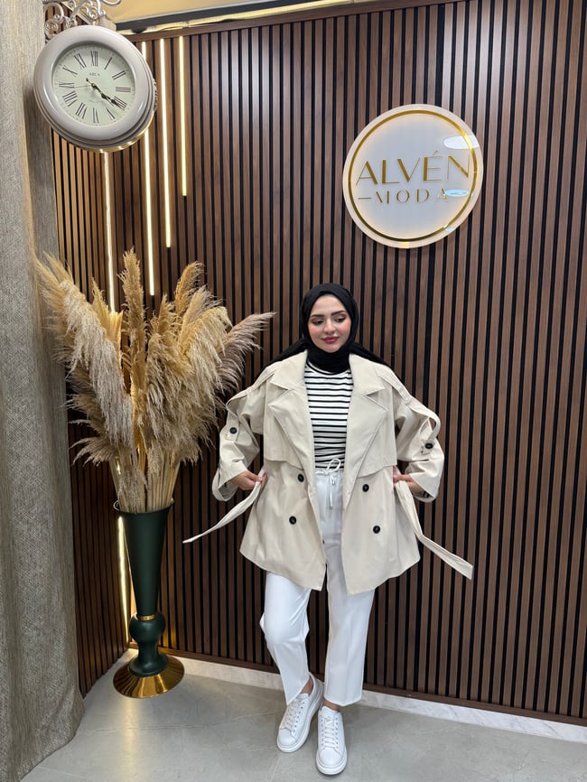 Meya Premium Su Geçirmez Kuşaklı Oversize Trençkot | Bej