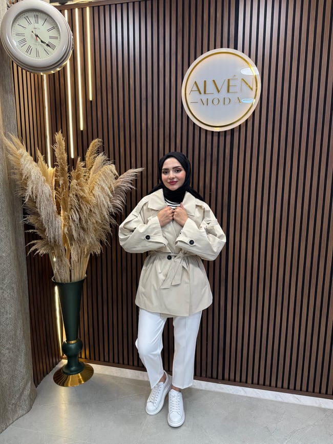 Meya Premium Su Geçirmez Kuşaklı Oversize Trençkot | Bej