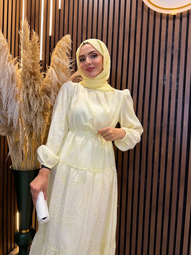 Mila Kabartma Baskılı Tül Modal Elbise | Sarı