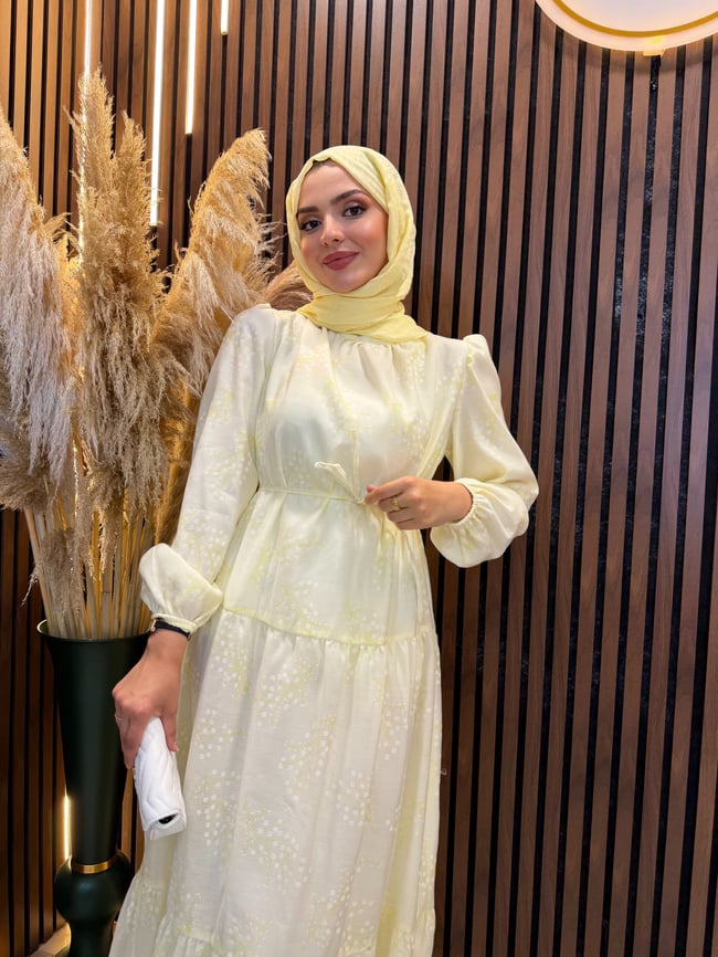 Mila Kabartma Baskılı Tül Modal Elbise | Sarı