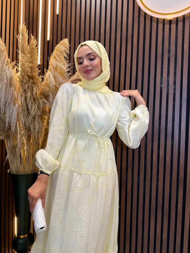 Mila Kabartma Baskılı Tül Modal Elbise | Sarı