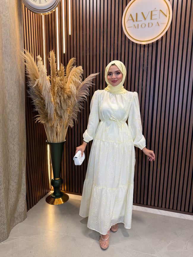 Mila Kabartma Baskılı Tül Modal Elbise | Sarı