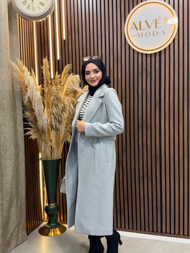 NELYA Premium Astarlı Klasik Kaban | Gri