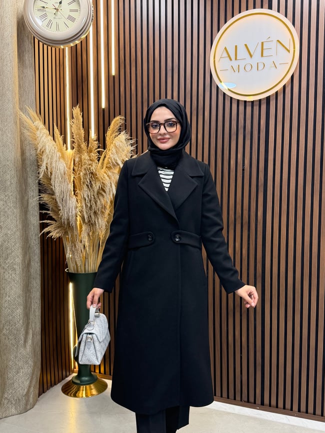 NELYA Premium Astarlı Klasik Kaban | Siyah
