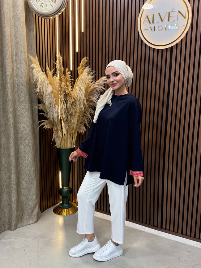 Nessa Oysho Kumaş Ekose Detaylı Sweatshirt | Lacivert