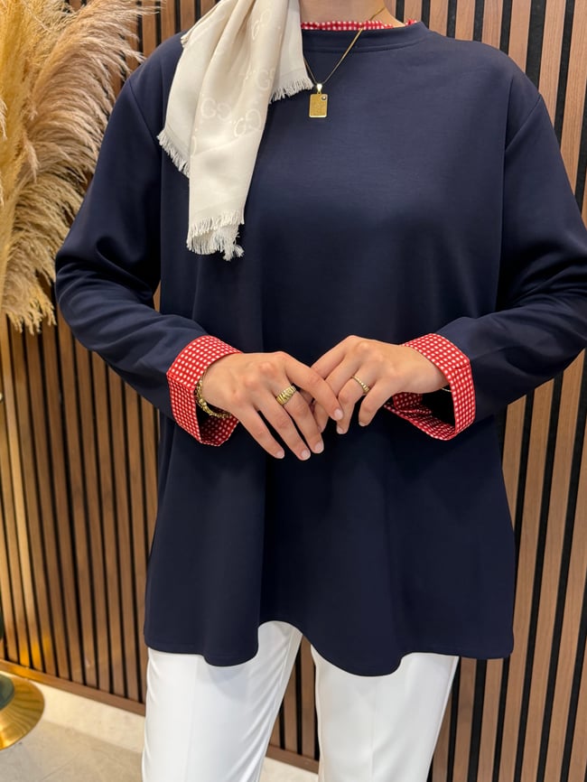 Nessa Oysho Kumaş Ekose Detaylı Sweatshirt | Lacivert