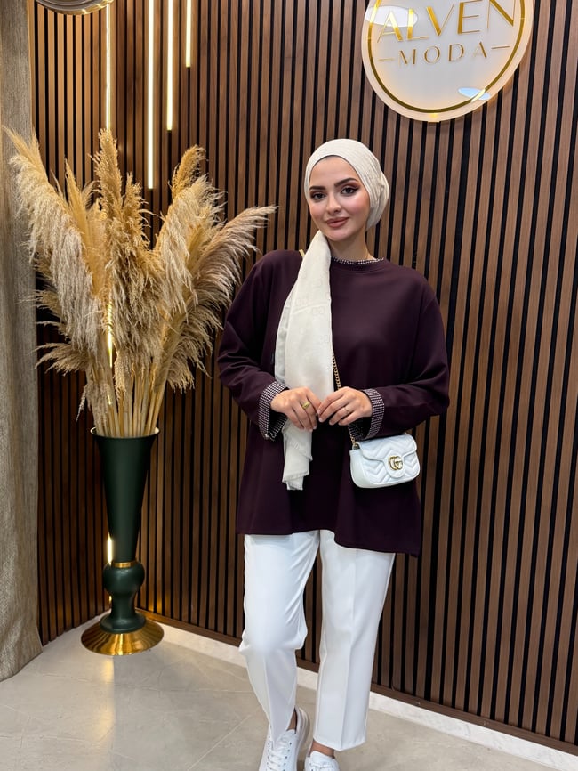 Nessa Oysho Kumaş Ekose Detaylı Sweatshirt | Mor