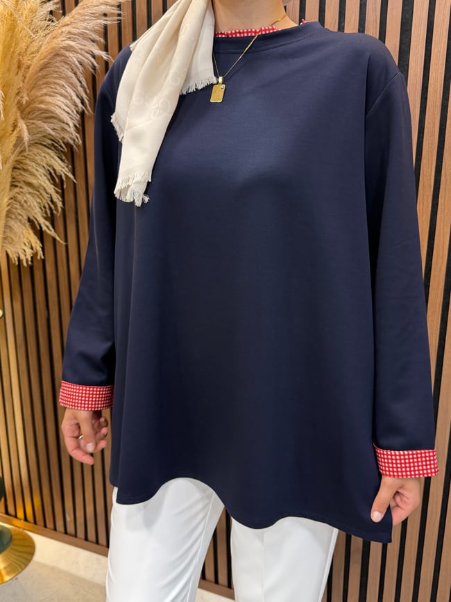 Nessa Oysho Kumaş Ekose Detaylı Sweatshirt | Lacivert