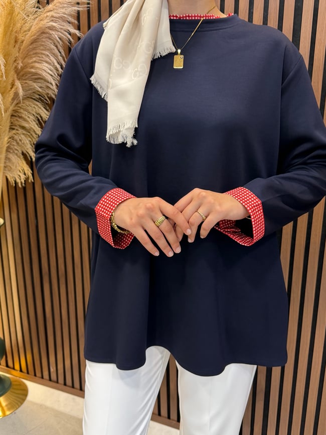 Nessa Oysho Kumaş Ekose Detaylı Sweatshirt | Lacivert