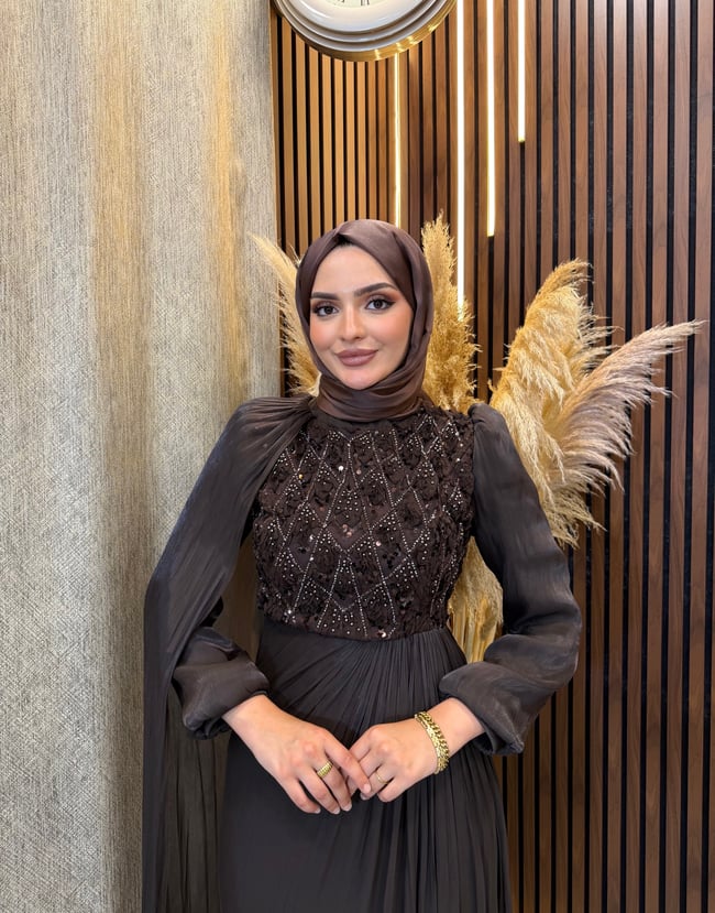 Nisa Zarif Taş İşlemeli janjan Pelerin Abiye | Kahverengi