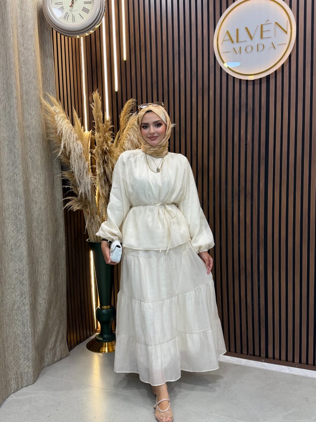 Nolia Tül Modal Etekli Takım | Bej