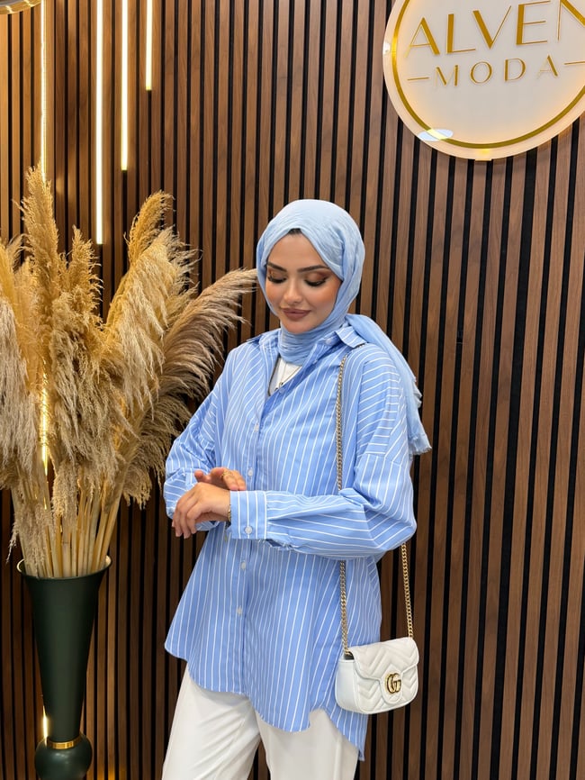 Norel Çizgili Salaş Poplin Gömlek | Bebe Mavisi
