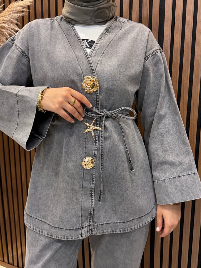 Norelya Broş Detaylı Pantolonlu Kot Takım | Siyah