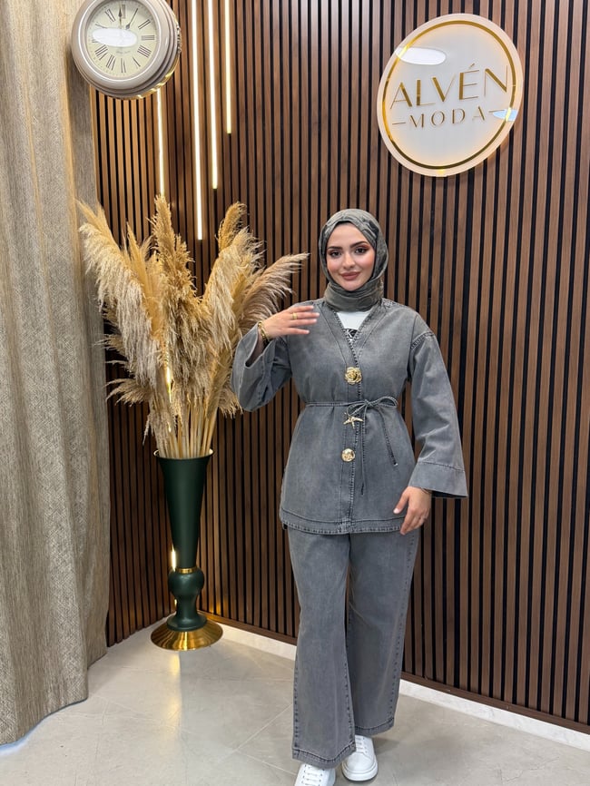 Norelya Broş Detaylı Pantolonlu Kot Takım | Siyah
