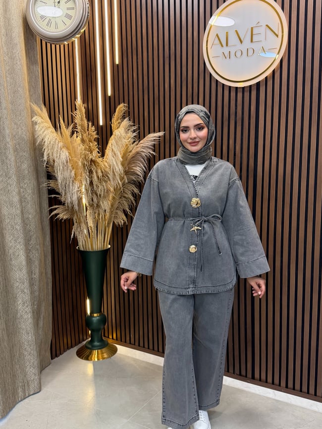 Norelya Broş Detaylı Pantolonlu Kot Takım | Siyah